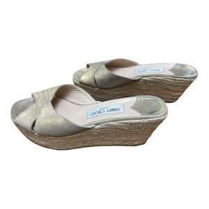 Jimmy Choo Gold Shimmer Espadrille Wedge Sandals Crisscross Women’s Size 39 8.5